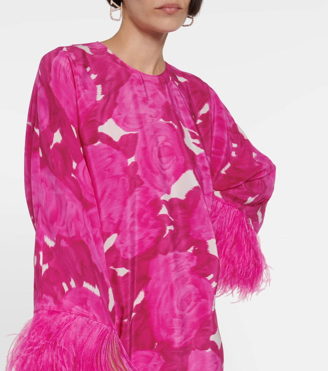 Valentino - Floral feather-trimmed silk minidress