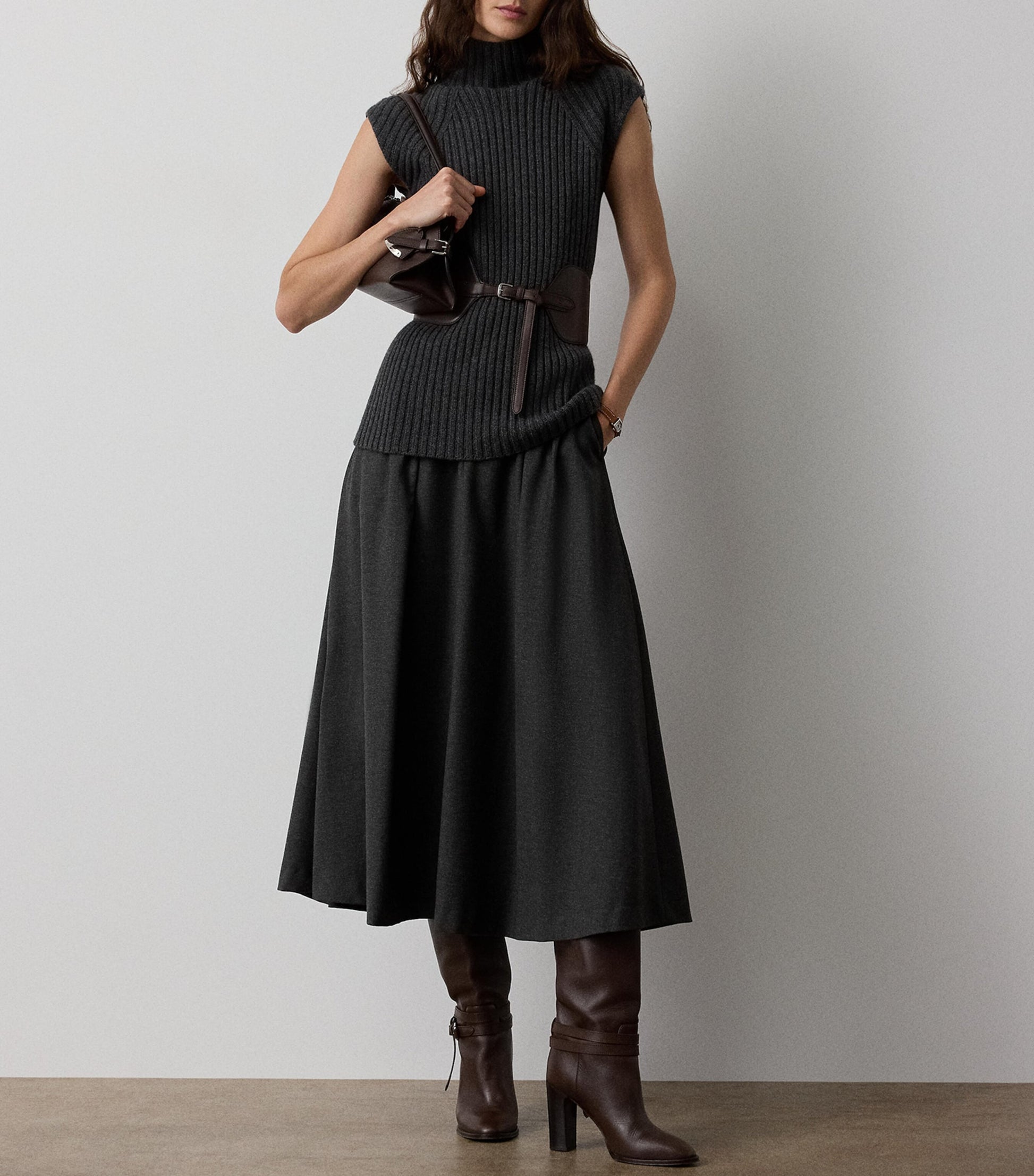 Ralph Lauren Collection Grey Wool Evilyn Midi Skirt