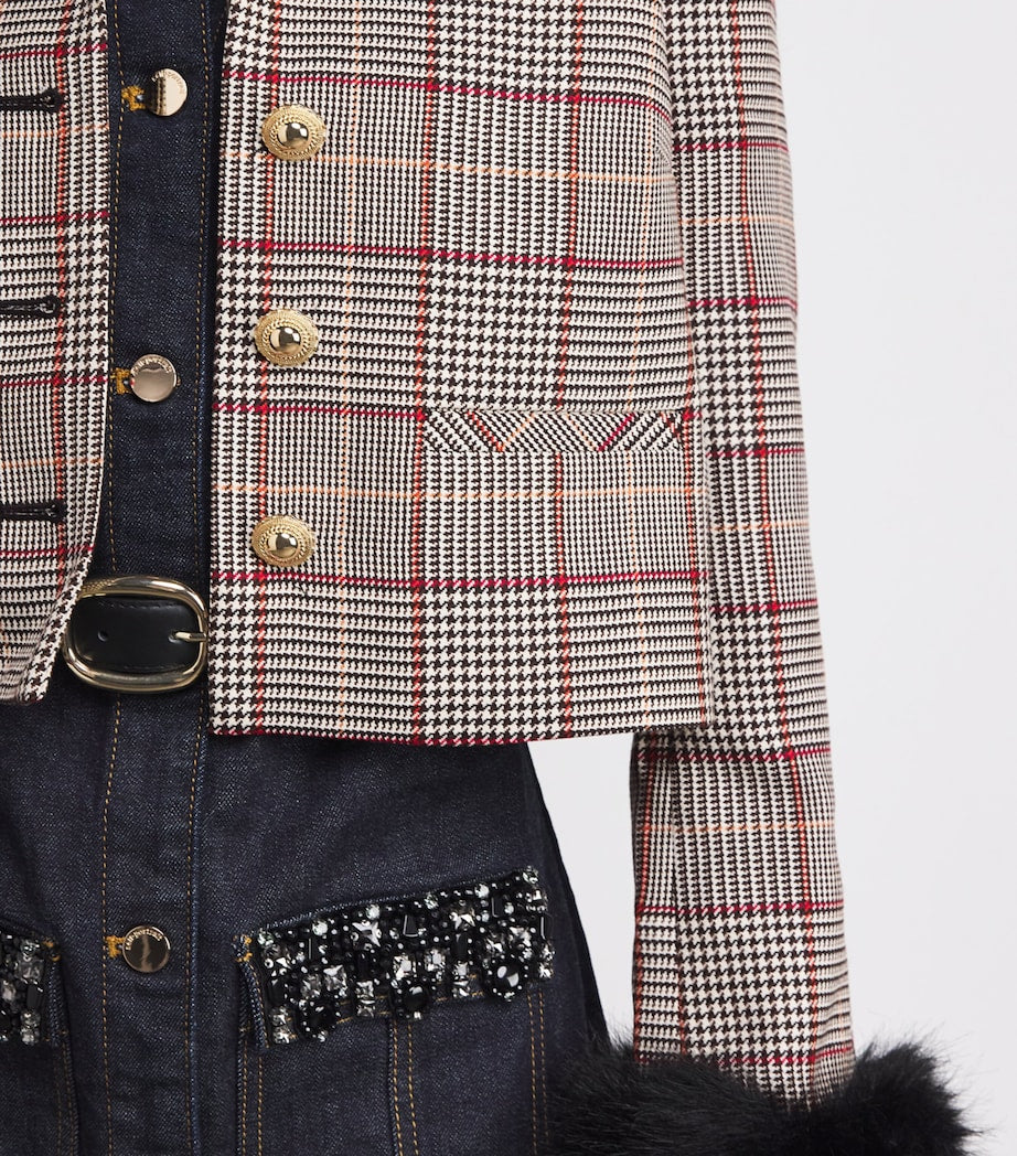 Self-Portrait Brown Faux Fur-Trim Check Jacket