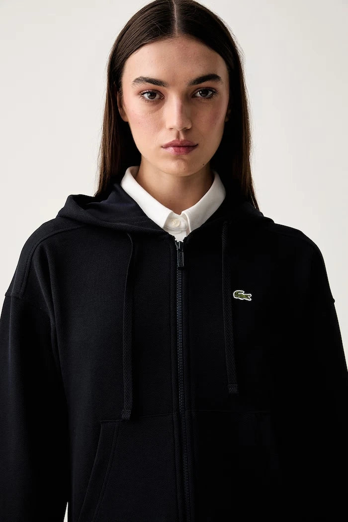 Lacoste fermuarlı kapüşonlu kadın pamuklu sweatshirt