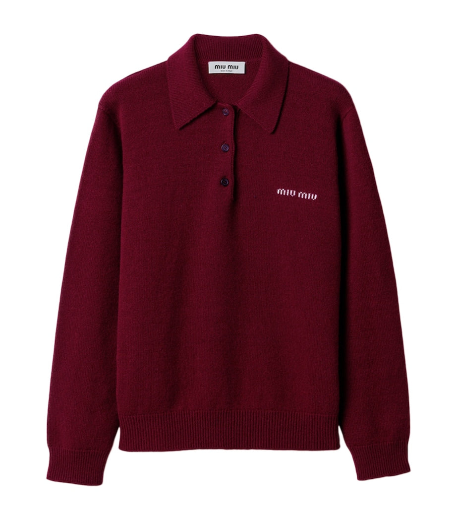 Miu Miu Burgundy Cashmere Logo Polo Sweater