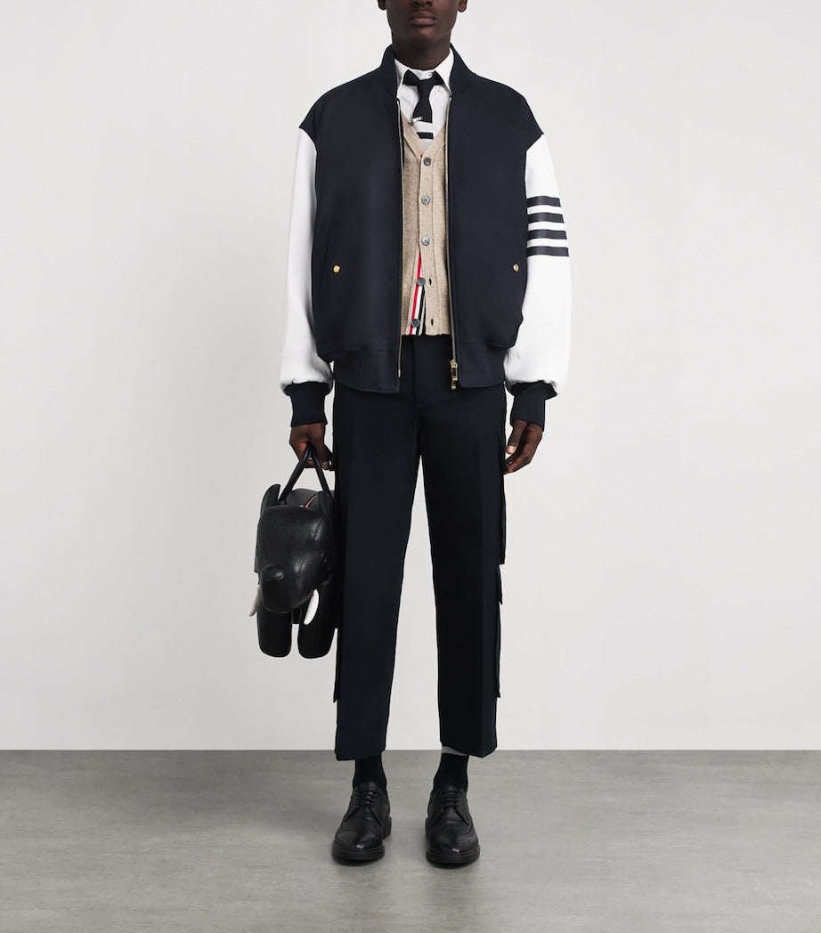 Thom Browne Navy Wool-Leather 4-Bar Oversized Bomber Jacket