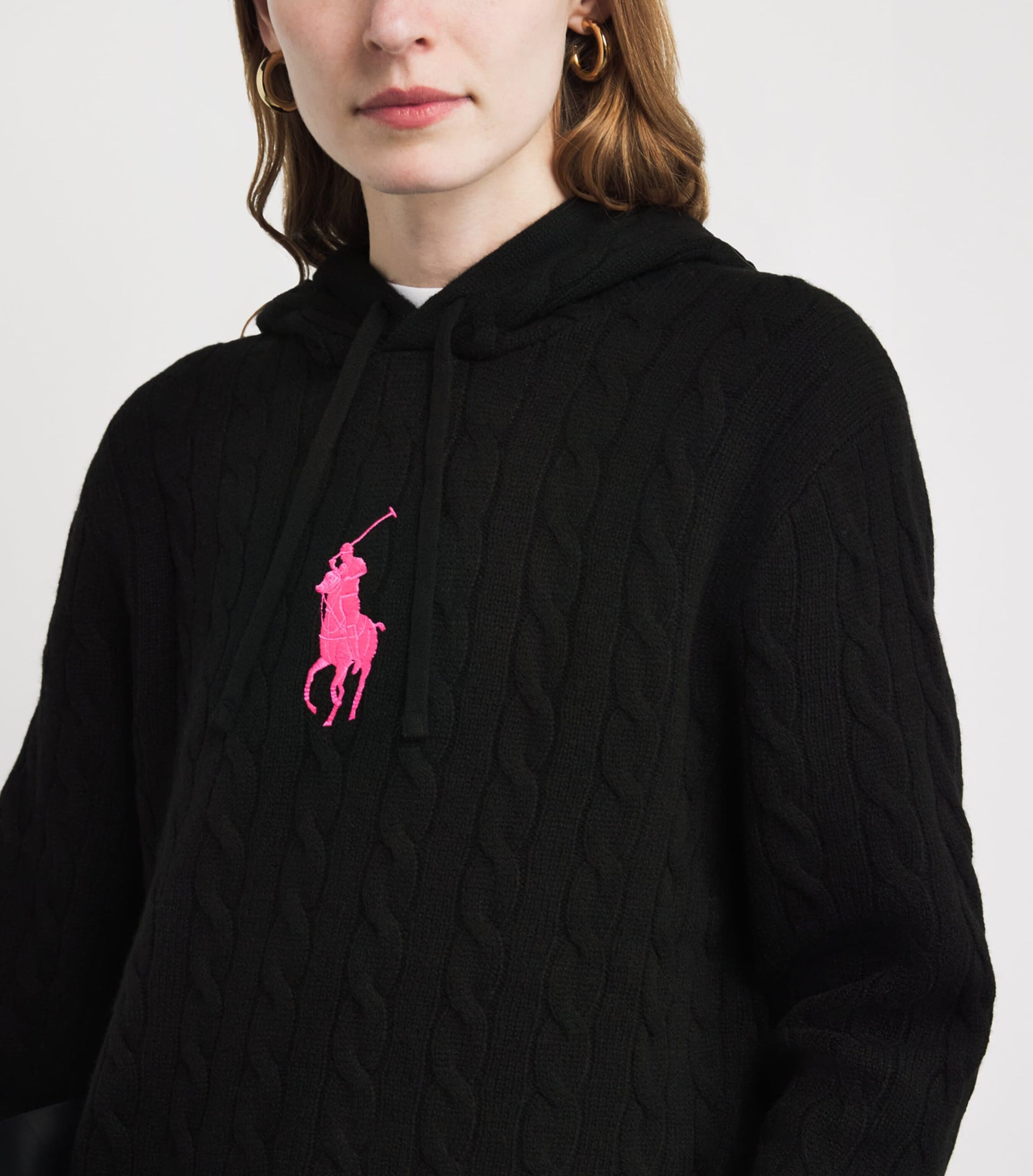 Black Wool-Cashmere Cable-Knit Pink Pony Hoodie