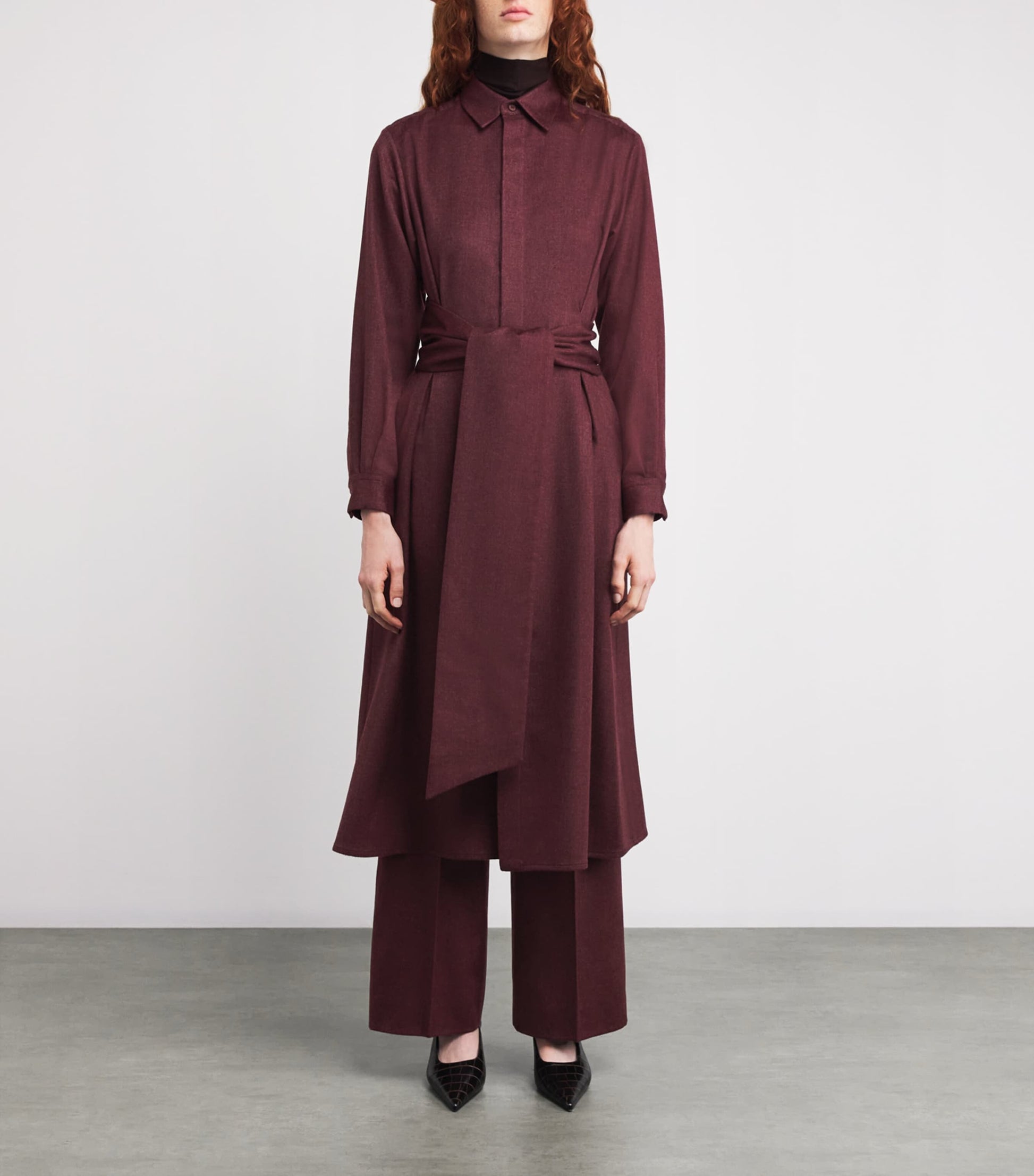 Burgundy Cashmere Belted Midi Shirt Dress
