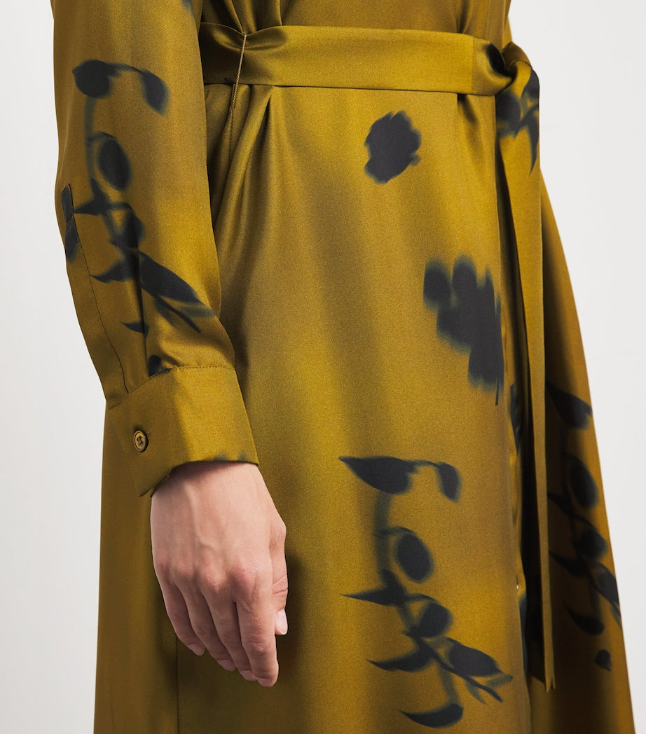 Green Silk Printed Jadi Midi Shirt Dress