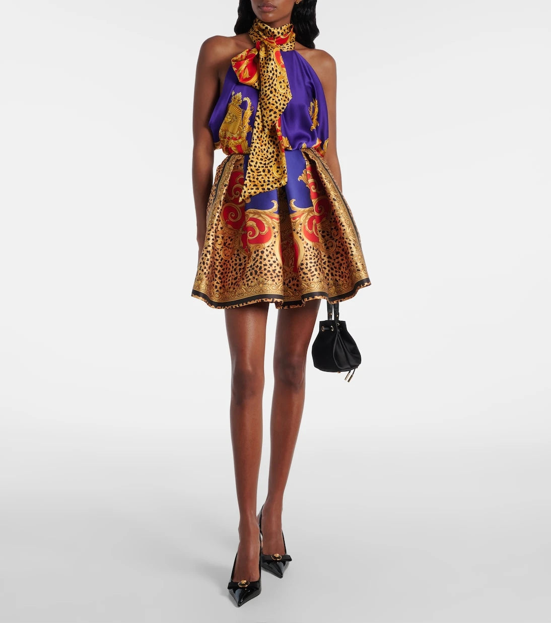Versace - Pleated printed satin miniskirt
