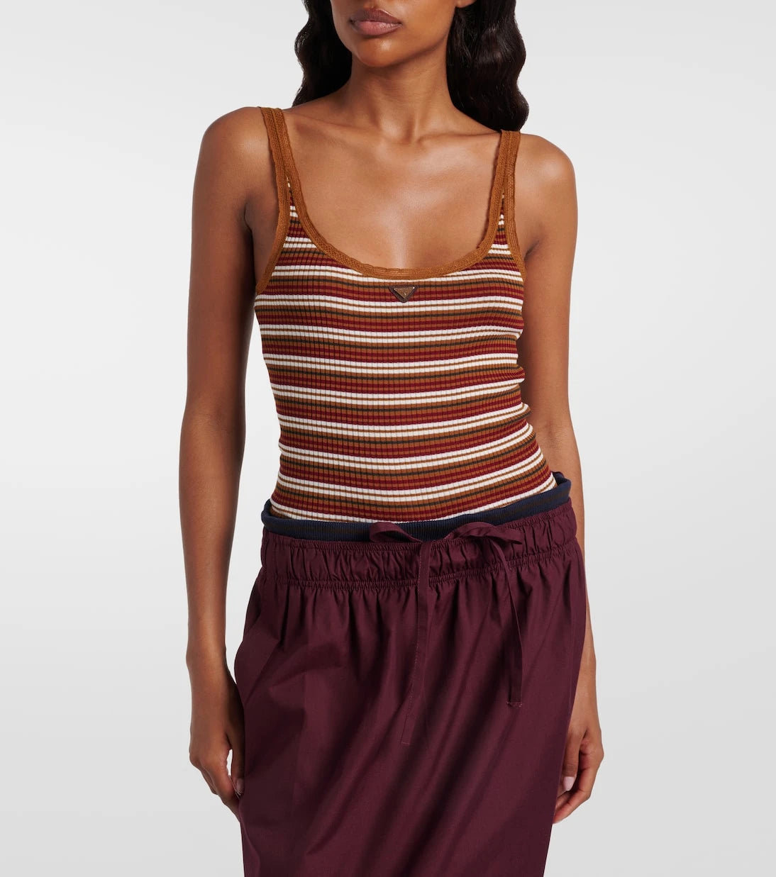 Prada - Lace-trimmed striped cotton tank top