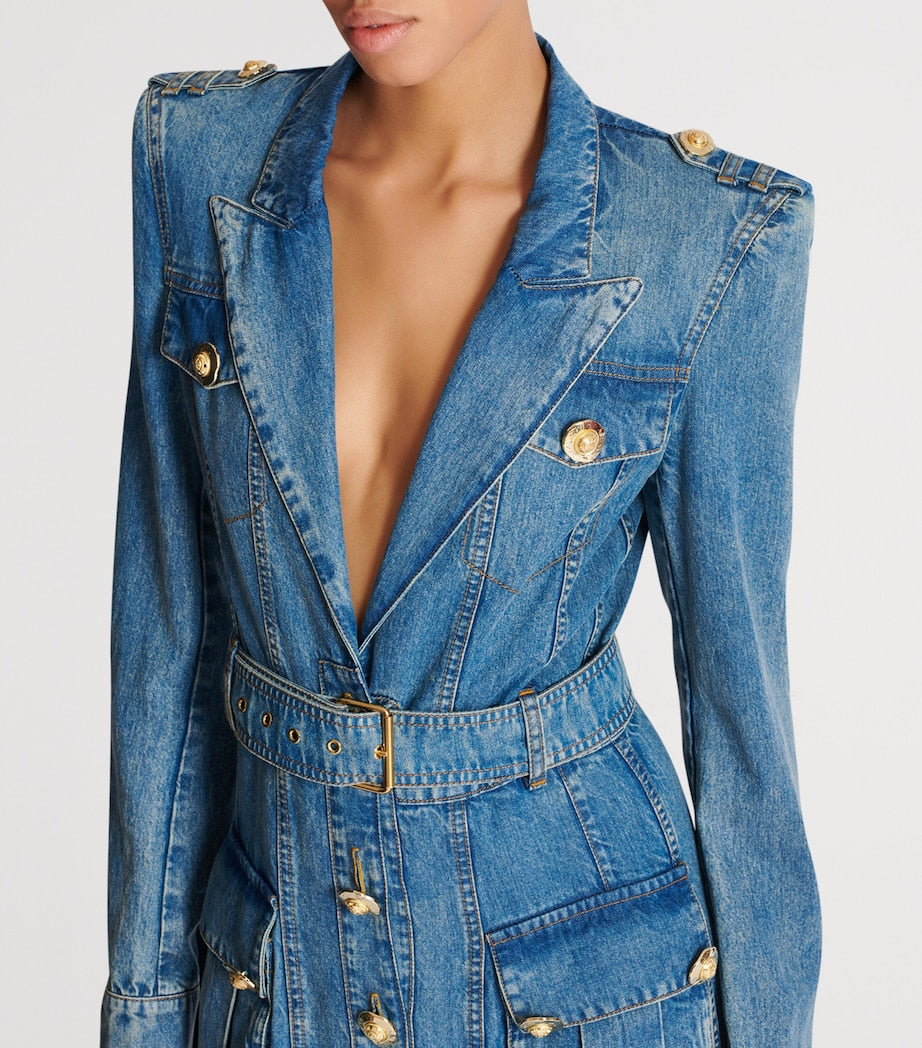 Blue Denim Belted Maxi Dress