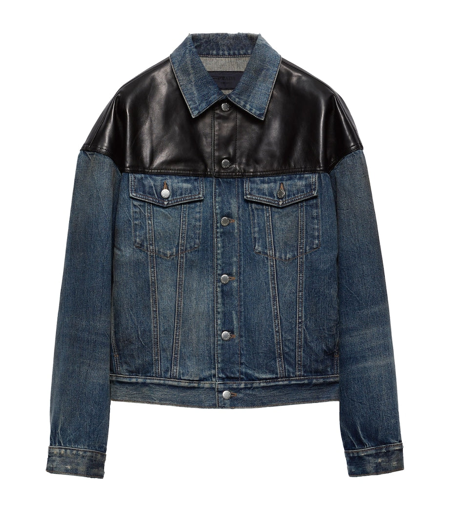 Prada Blue Leather-Detail Denim Jacket