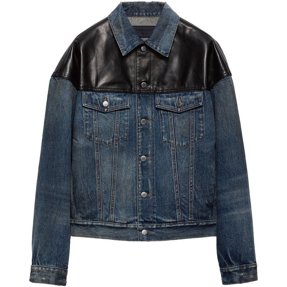 Prada Blue Leather-Detail Denim Jacket