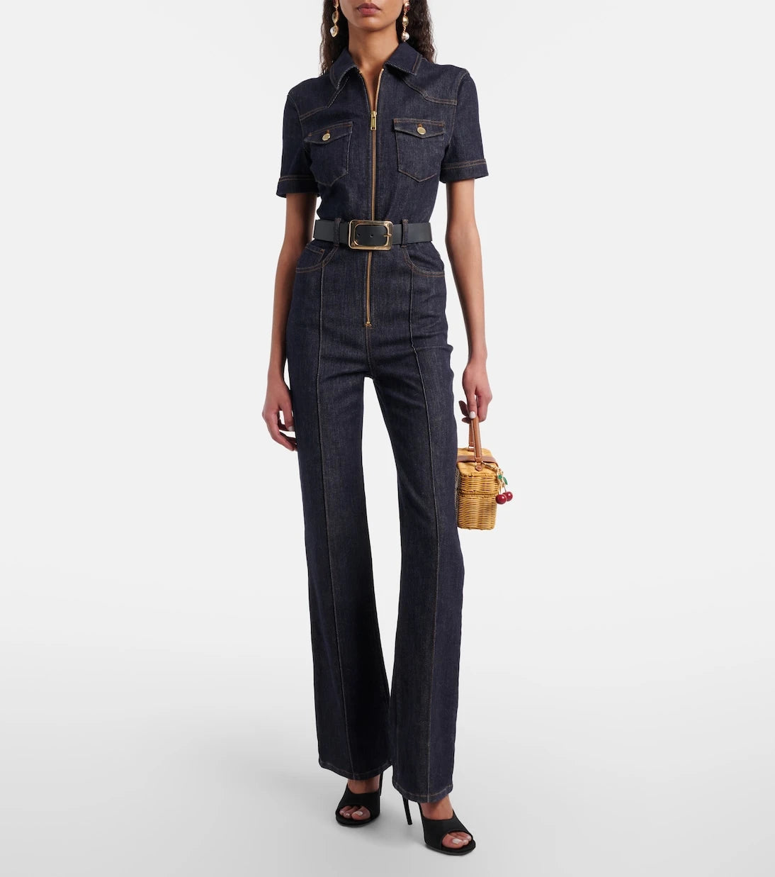 Self-Portrait - Belted denim jumpsuit