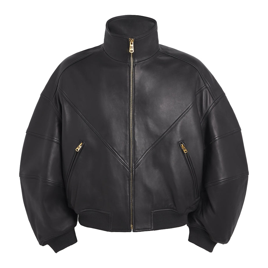 Willy Chavarria Black Leather Ruff Rider Bomber Jacket