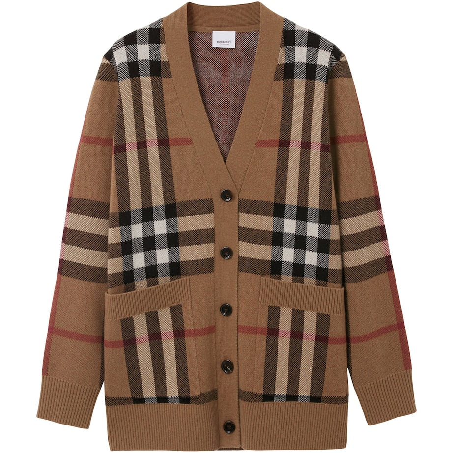 Brown Wool-Cashmere Check Cardigan