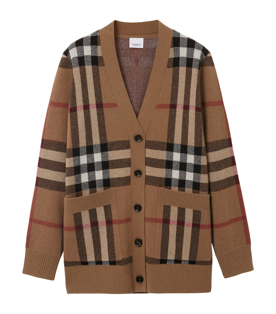 Brown Wool-Cashmere Check Cardigan