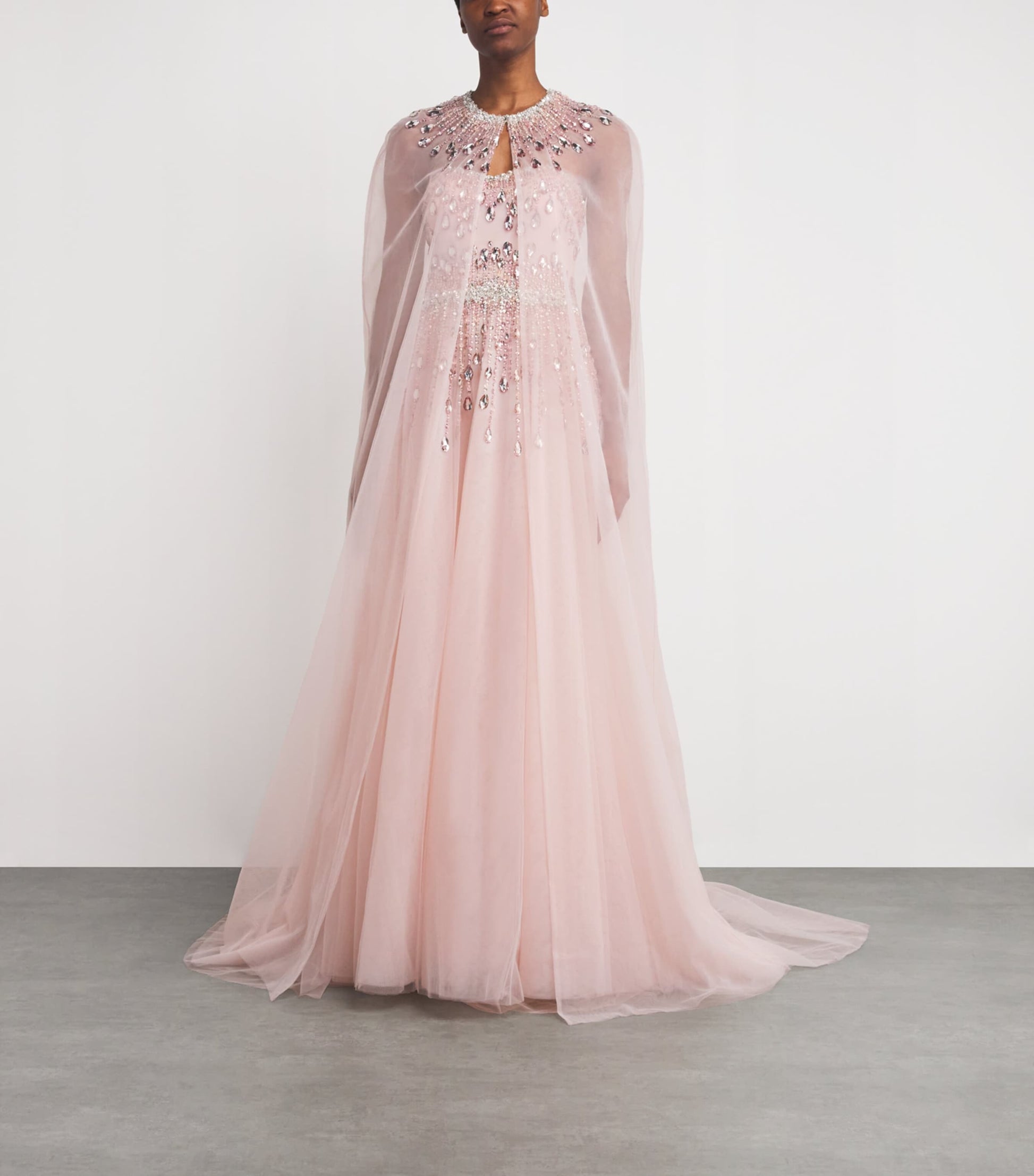 Pamella Roland Pink Tulle Embellished Cape-Detail Gown