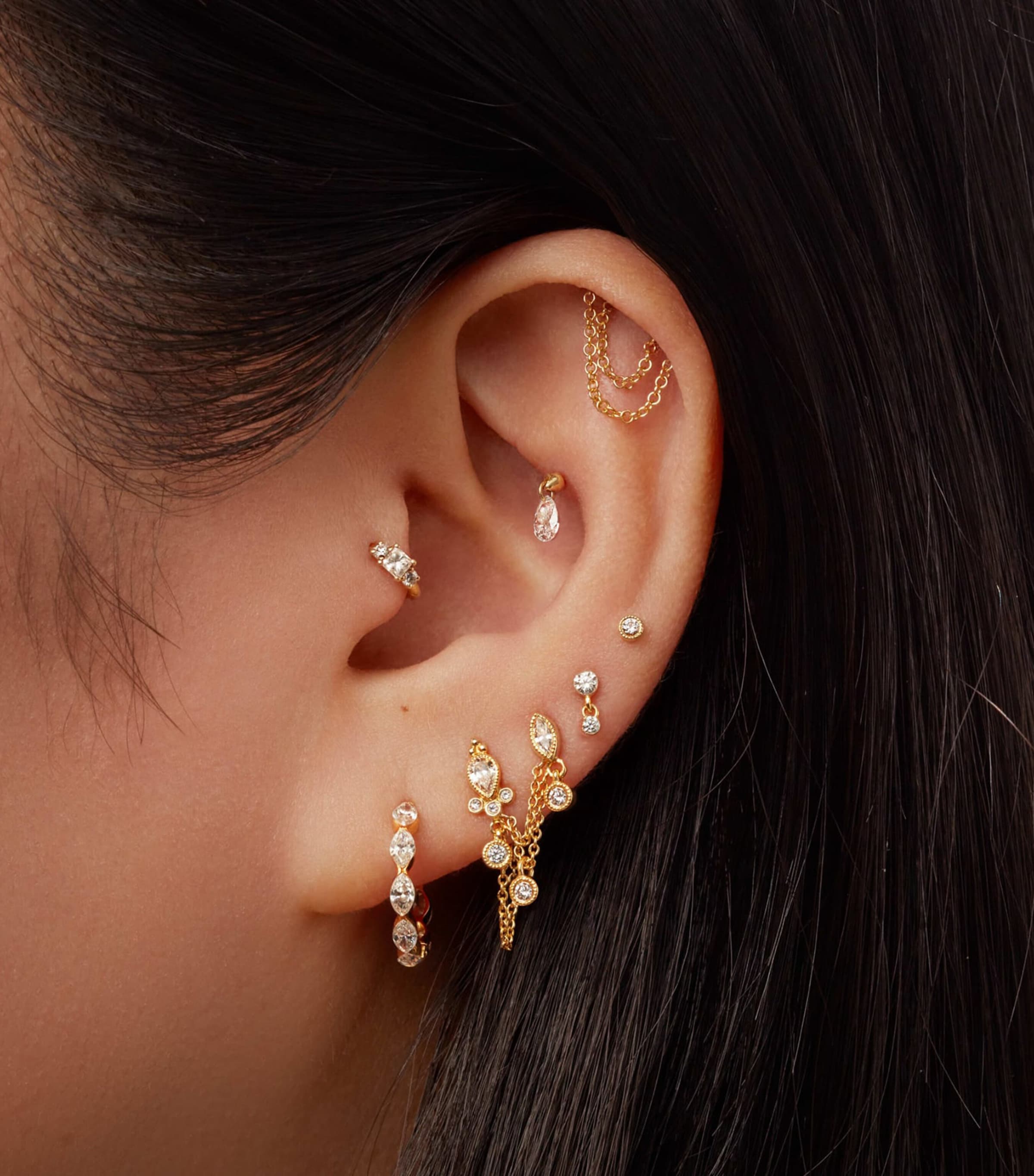 White Gold Floating Pear Diamond Charm Threaded Stud Earring (4mm)