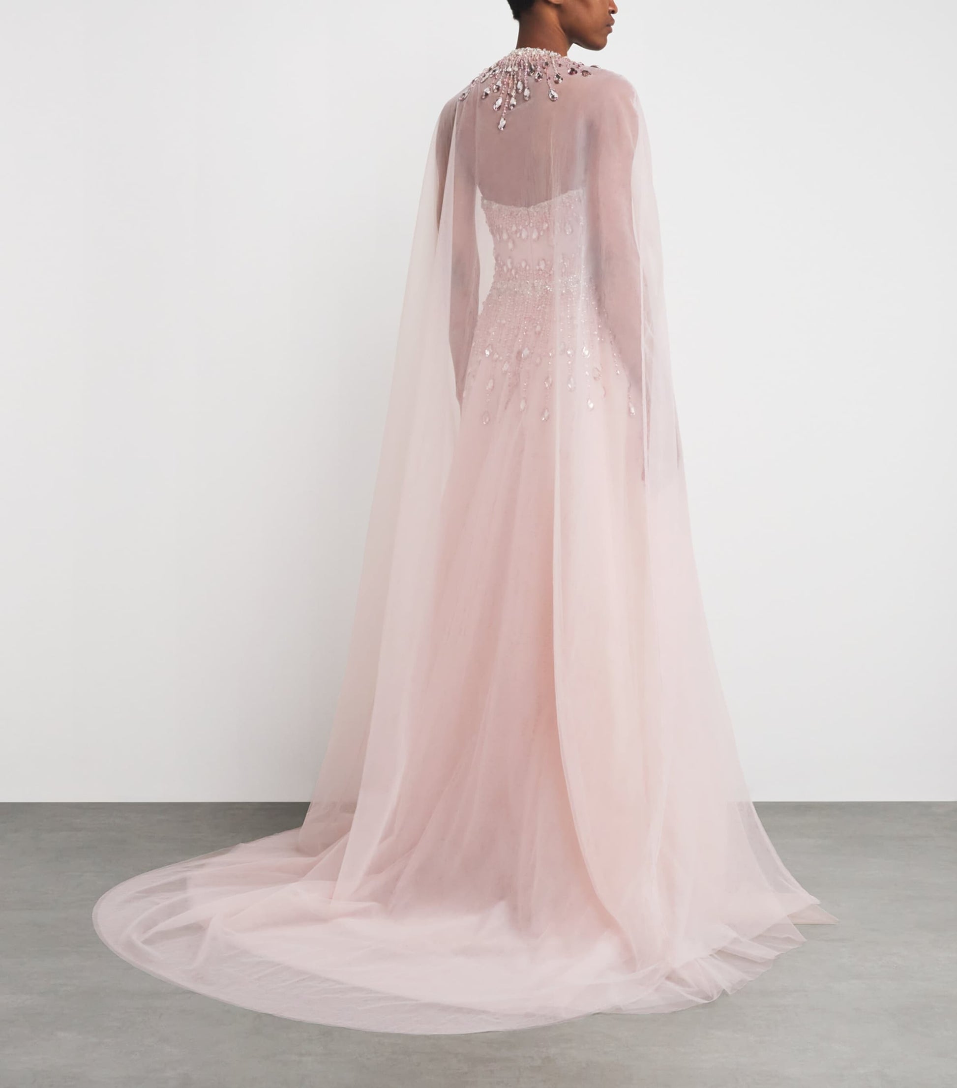 Pamella Roland Pink Tulle Embellished Cape-Detail Gown