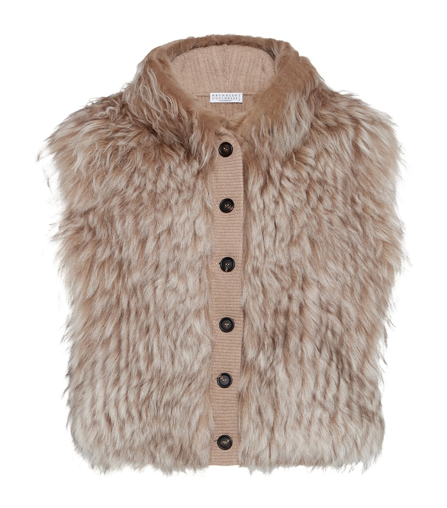 Brunello Cucinelli Beige Cashmere Shearling Gilet