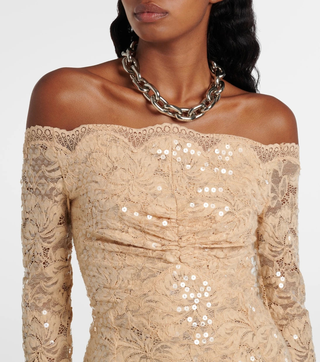 Rabanne - Sequined off-shoulder lace maxi dress