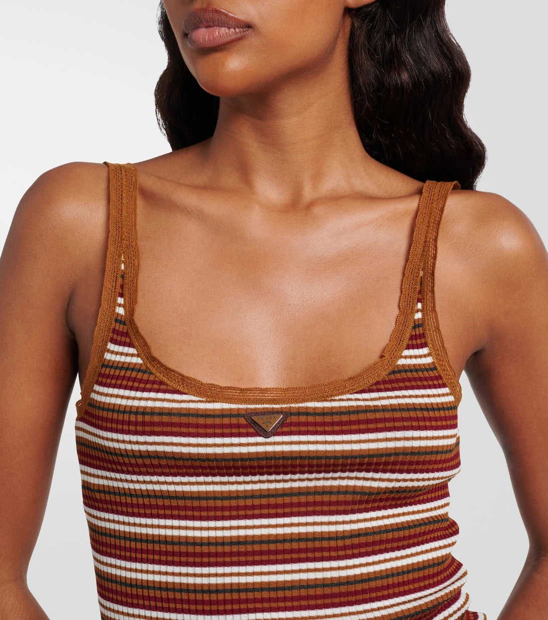 Prada - Lace-trimmed striped cotton tank top