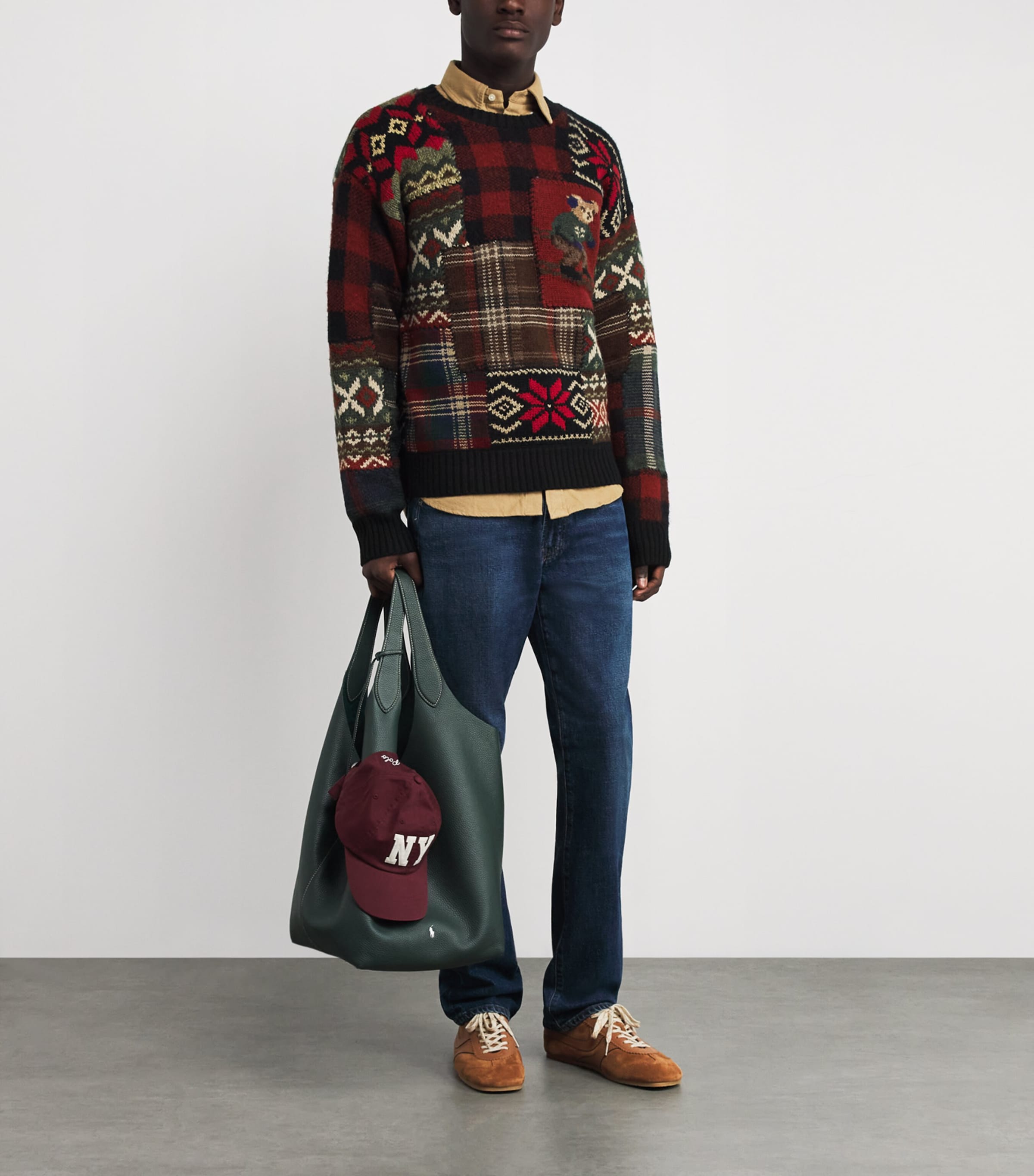 Wool Patchwork Polo Bear Sweater BLACK