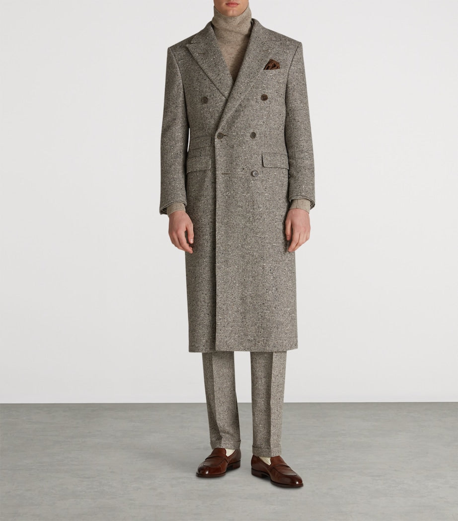 Grey Cashmere Donegal Tweed Double-Breasted Overcoat