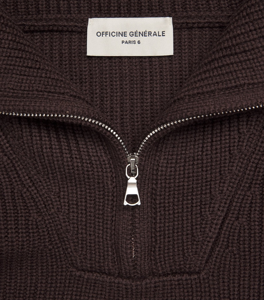 Officine Generale Brown Merino Wool Quarter-Zip Ribbed Sweater