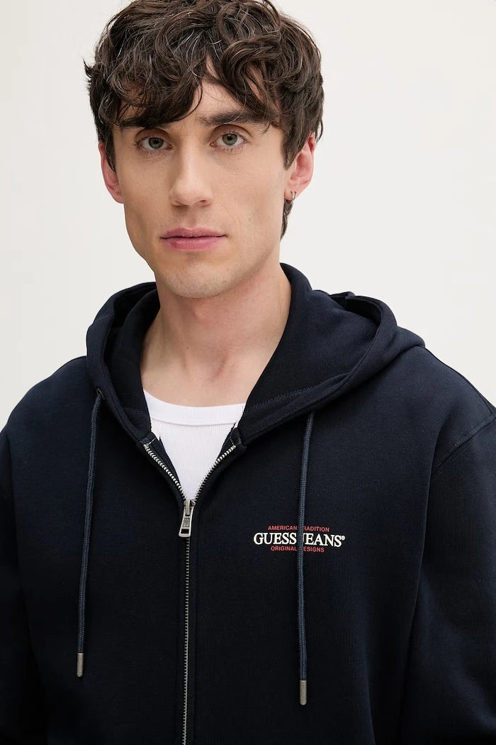 Guess Jeans pamuklu fermuarlı kapüşonlu erkek sweatshirt