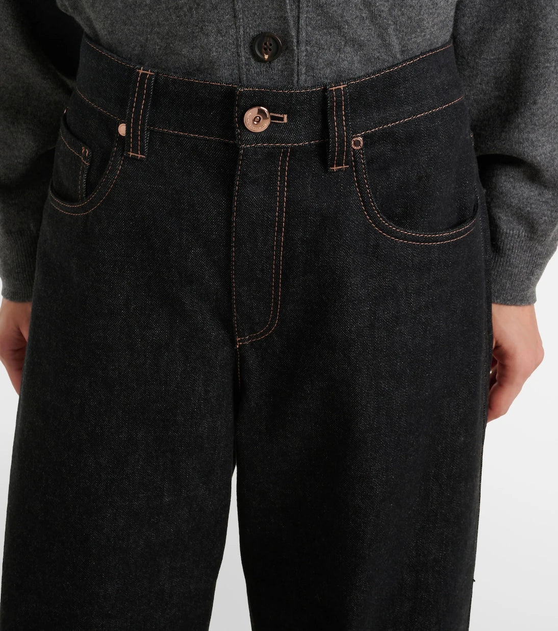 Brunello Cucinelli - Leather-trimmed wide-leg jeans