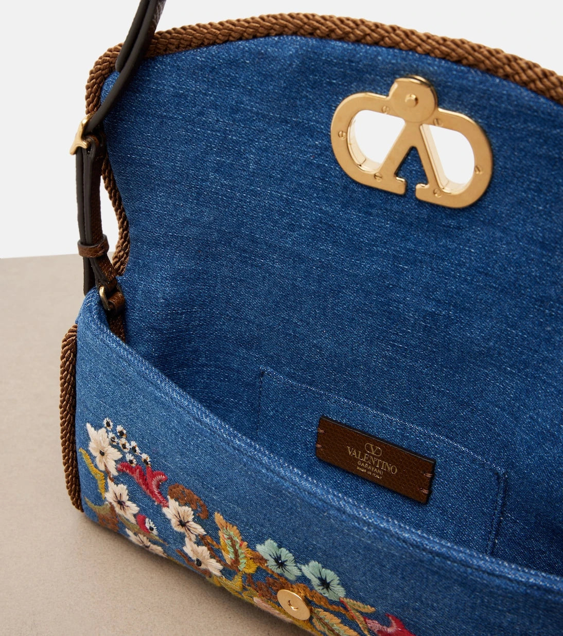 Valentino Garavani - DeVain Small embroidered denim shoulder bag