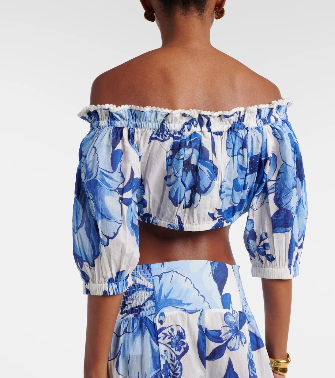 Farm Rio - Floral cropped off-shoulder cotton top