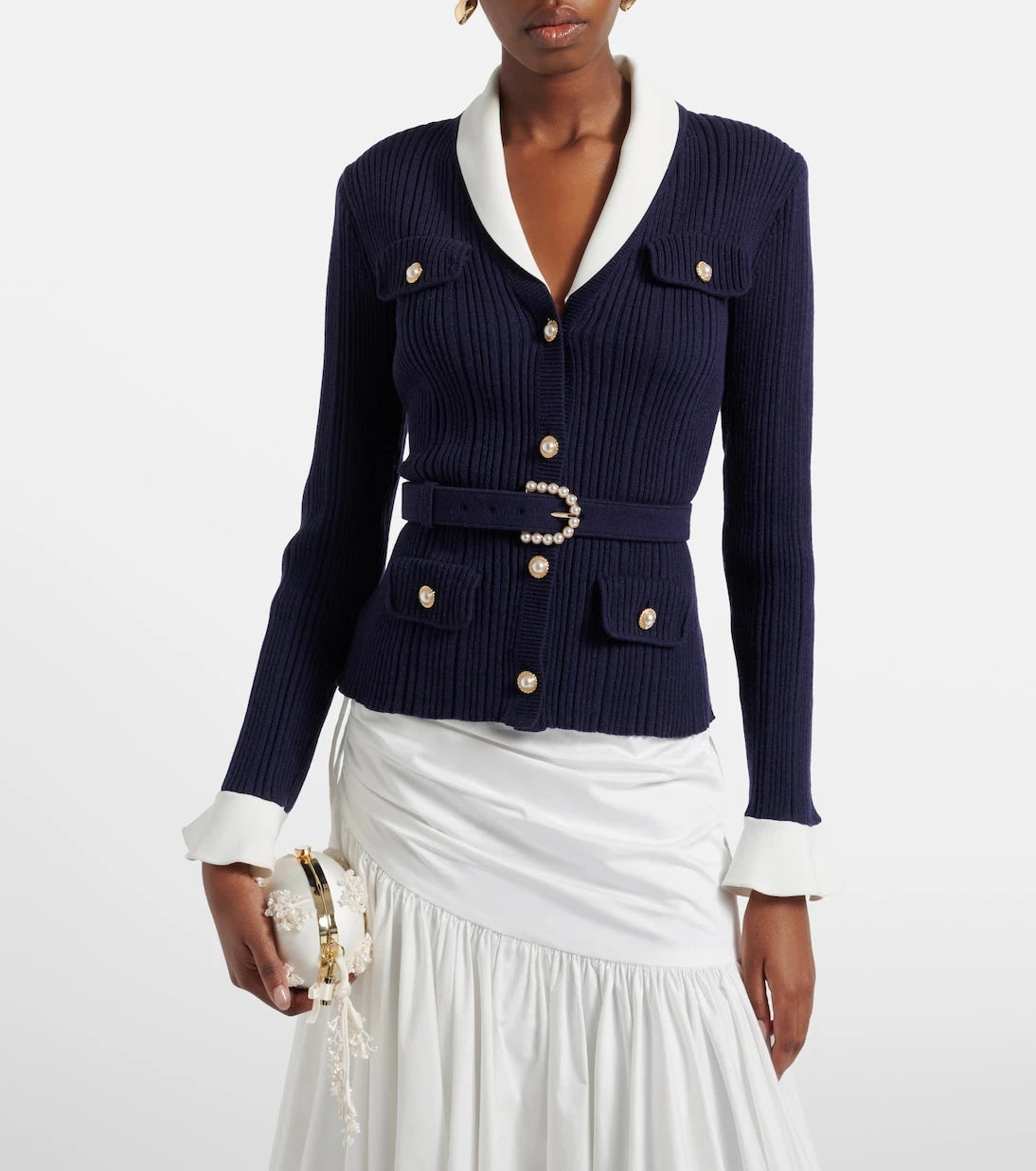 Self-Portrait - Belted ribbed-knit cardigan
