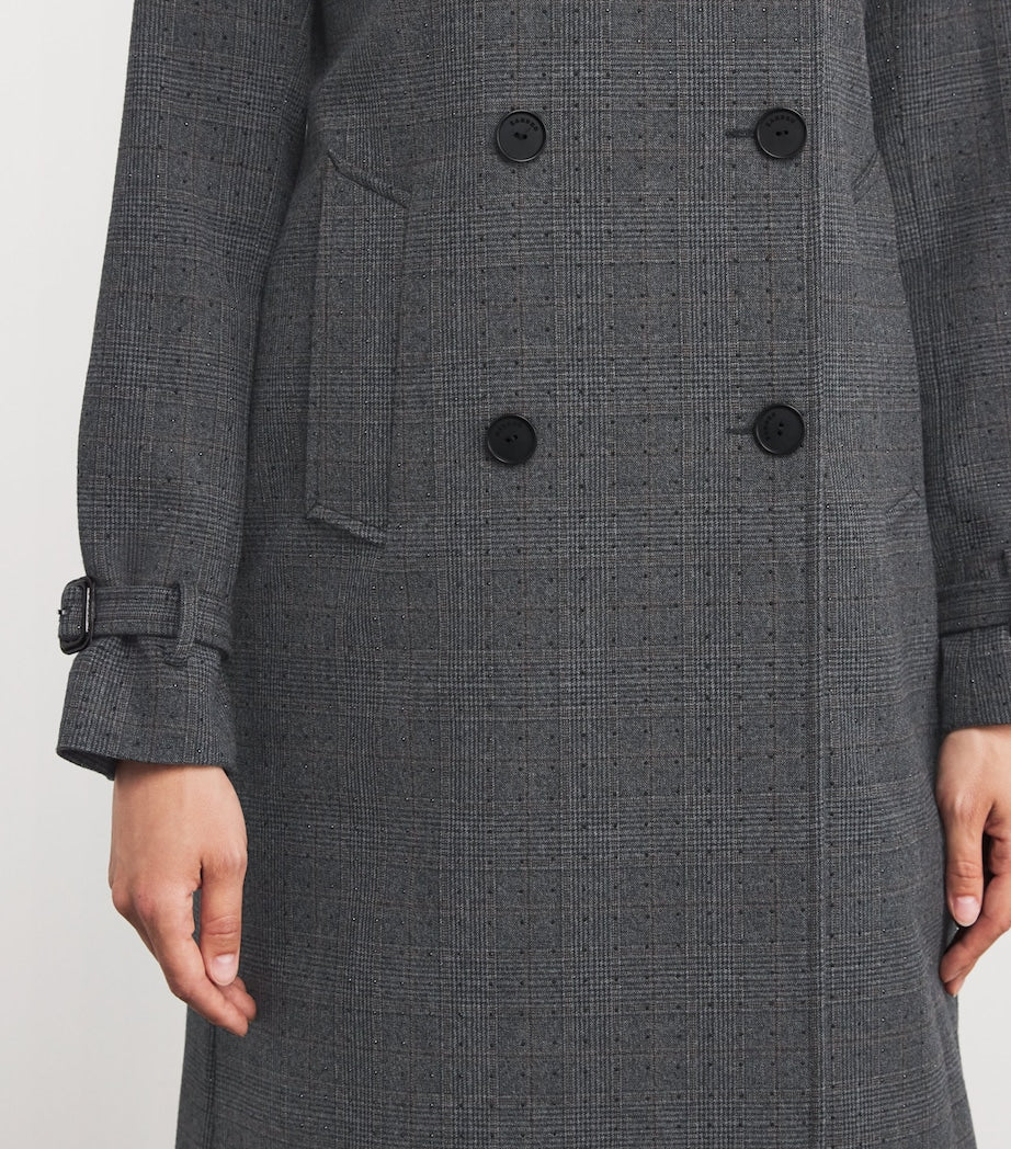 Rhinestone-Embellished Check Trench Coat
