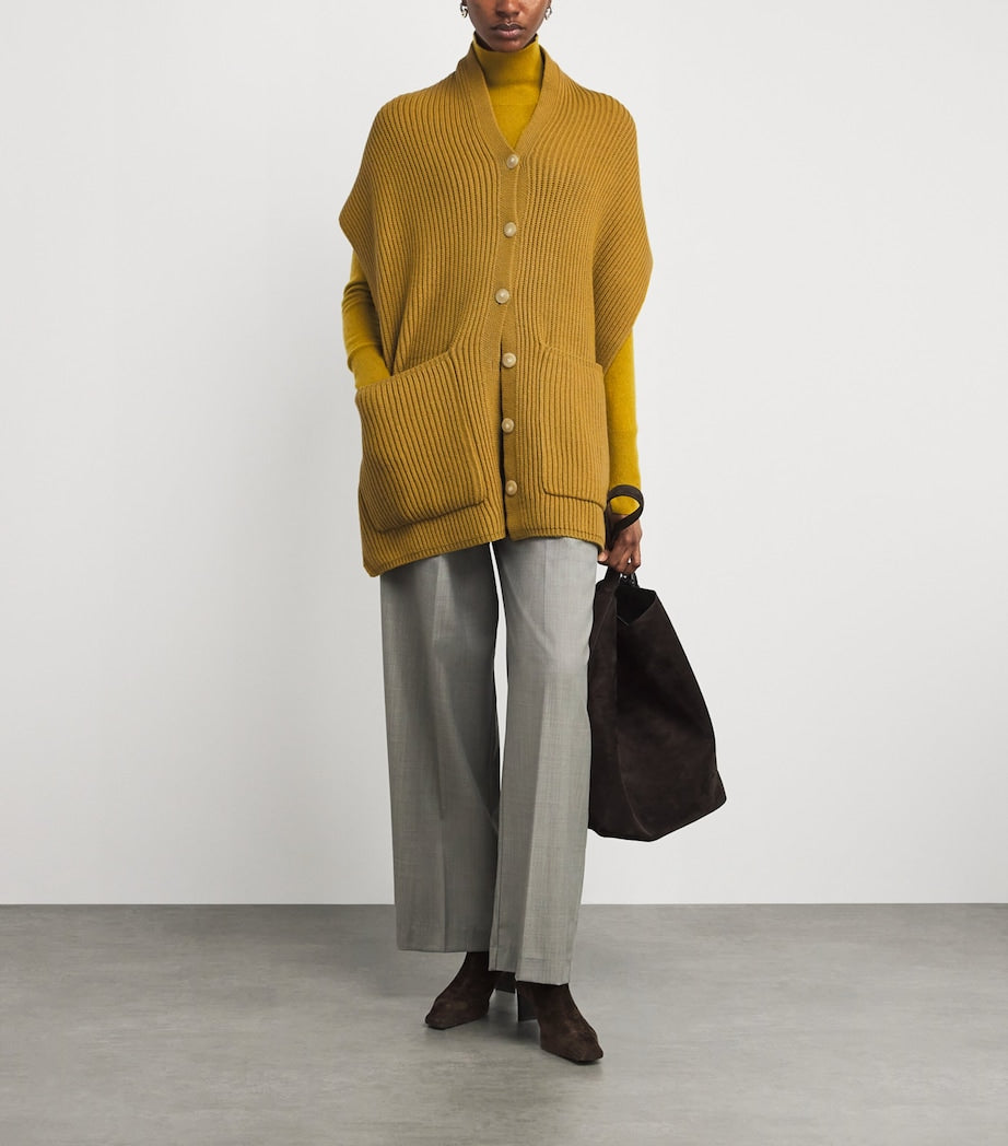 Joseph Brown Merino Wool-Cashmere-Silk Cardigan-Stitch Button Scarf