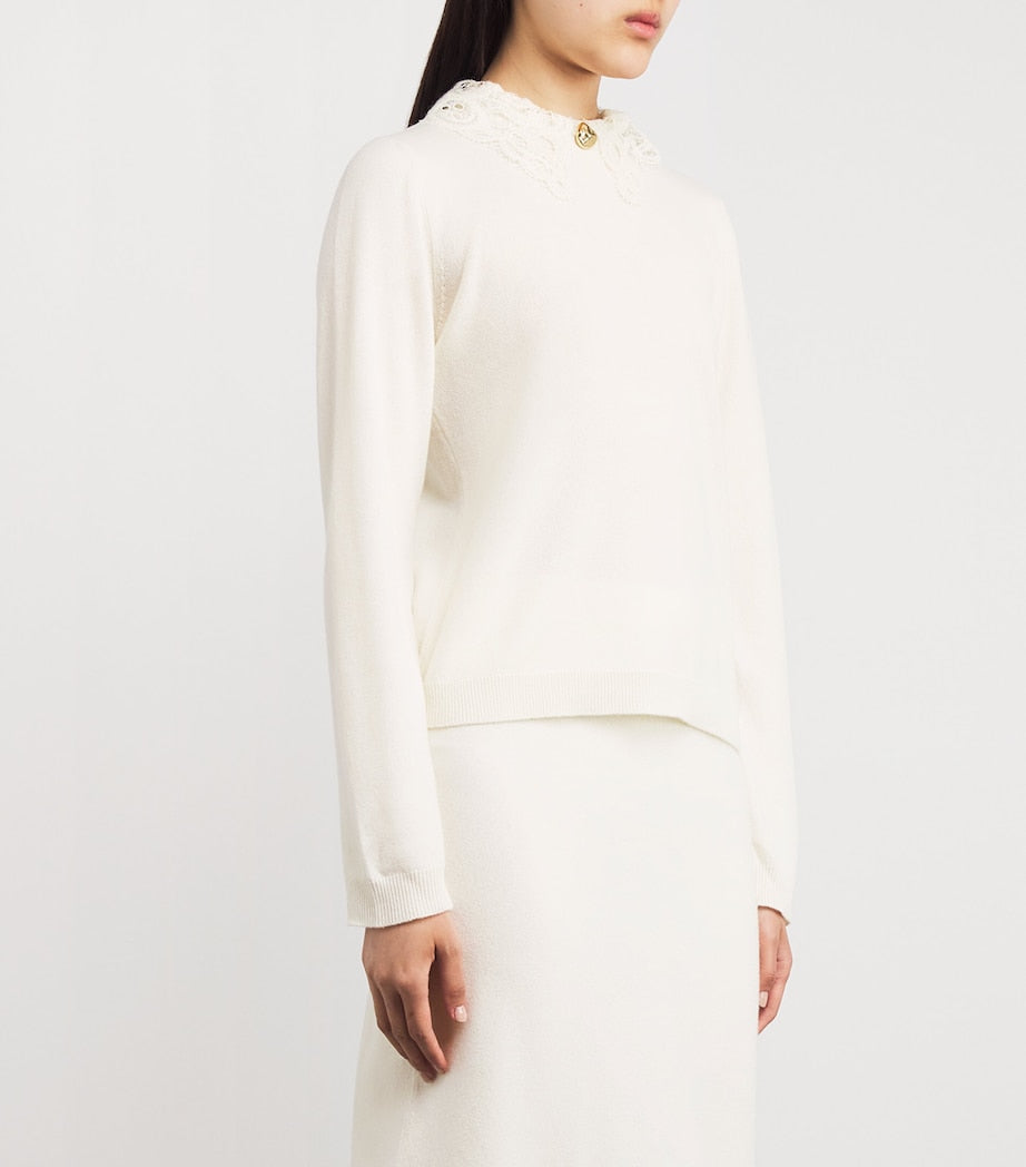 Wool-Silk-Cashmere Lace-Trim Sweater