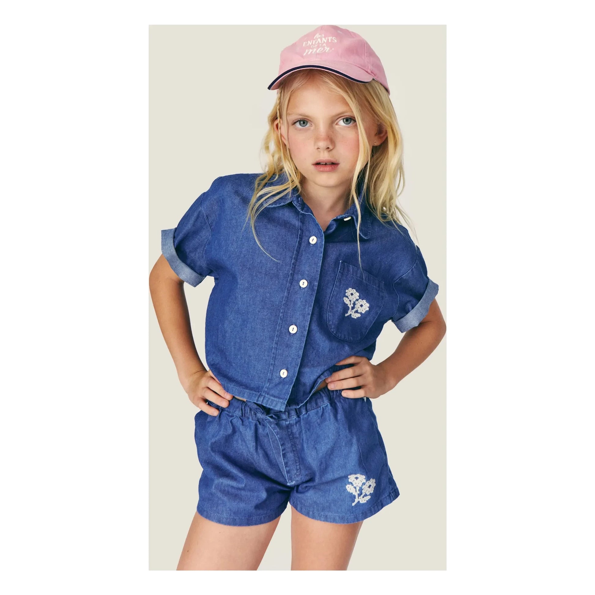 Mipounet - Short Denim Amélie Cotton Flowers BCI | Blue