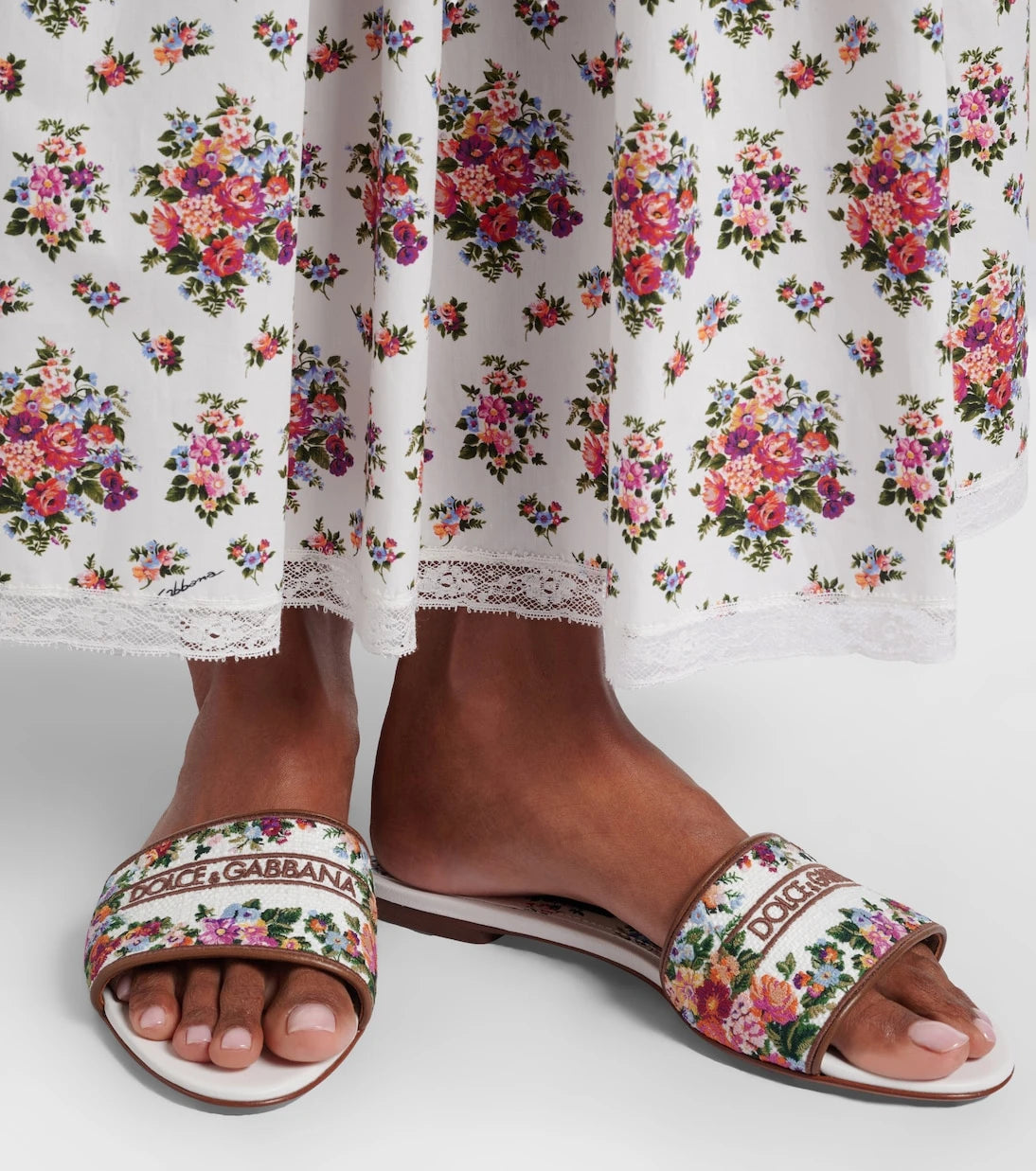 Dolce&Gabbana - Floral leather-trimmed slides