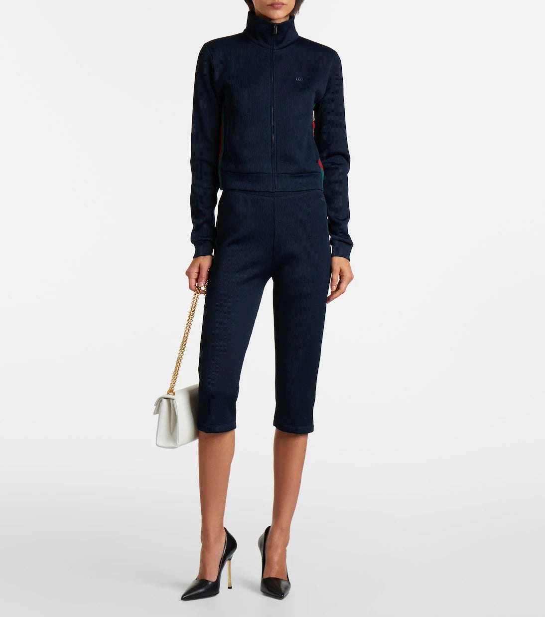 Gucci - Web Stripe ribbed-knit jersey capri pants