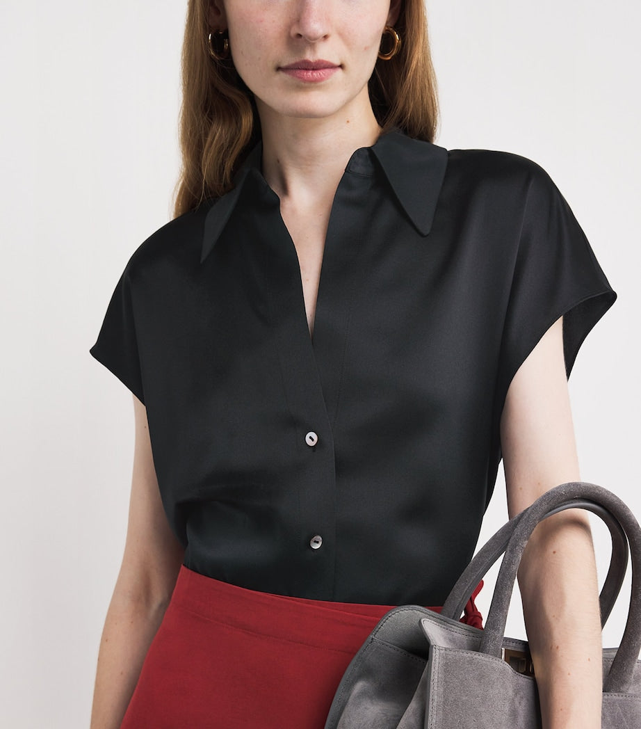 Vince Black Ruched-Back Button-Up Blouse