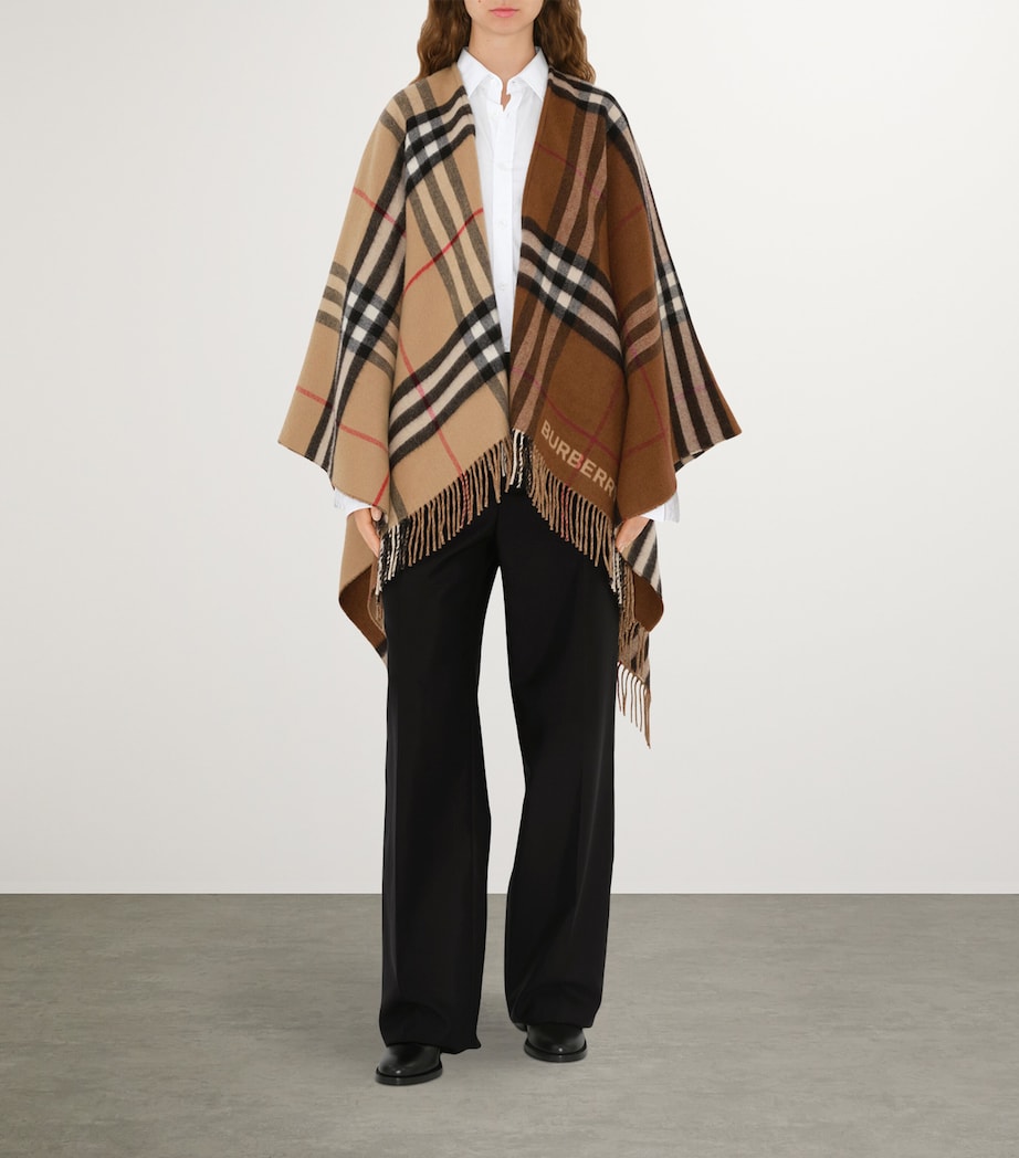 Brown Wool-Cashmere Contrast-Check Cape