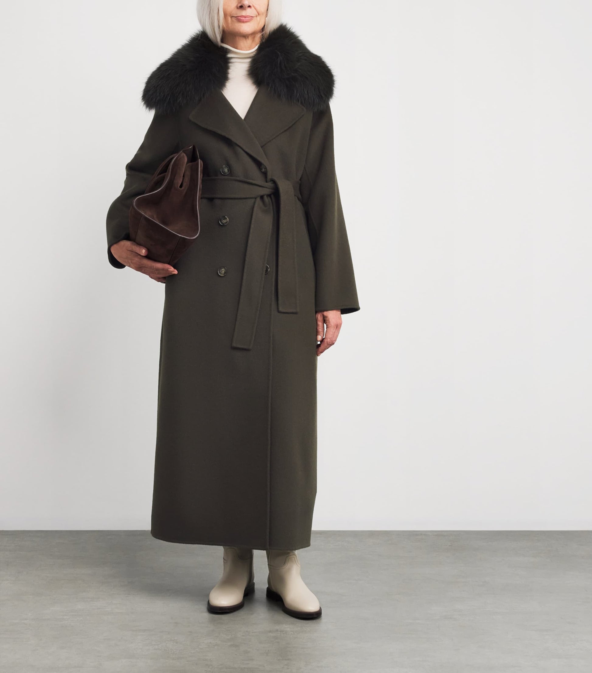 Yves Salomon Beige Fur-Trim Double-Breasted Coat