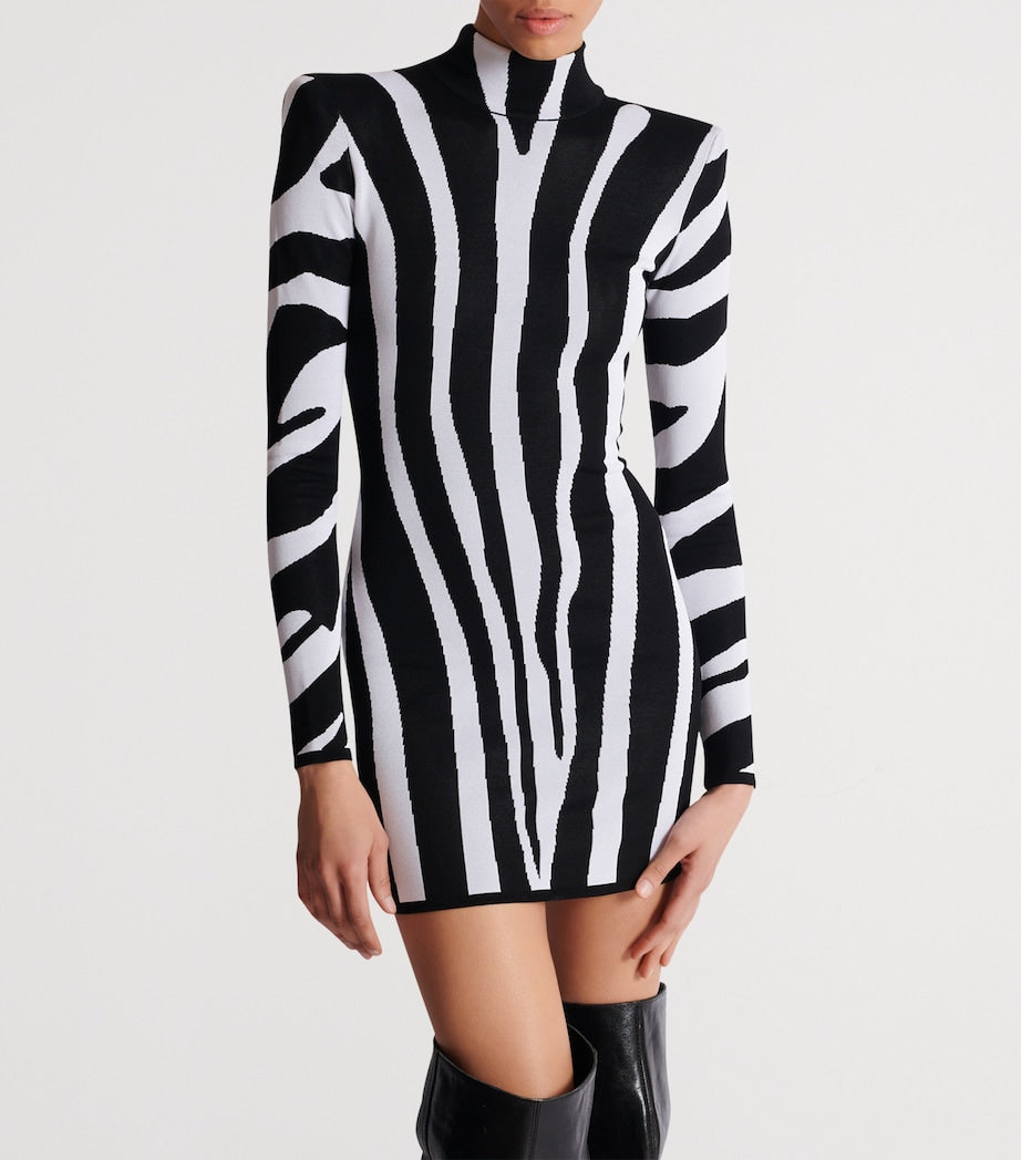 Balmain Black Knitted Zebra Mini Dress