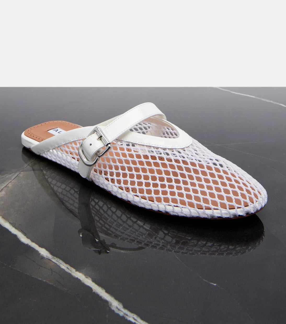 Alaïa - Fishnet leather-trimmed slip-on mules