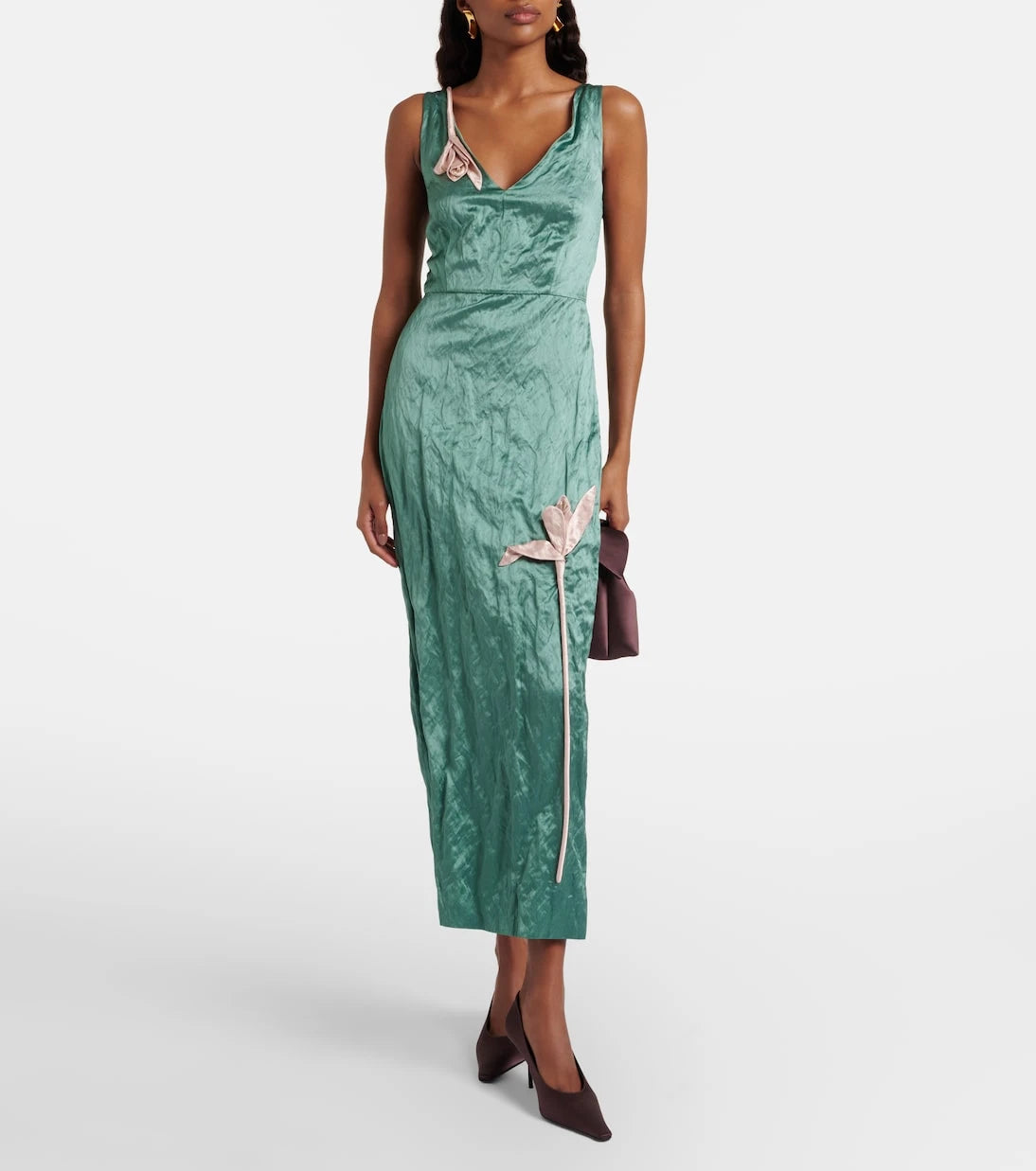 Erdem - Floral-appliqué satin midi dress