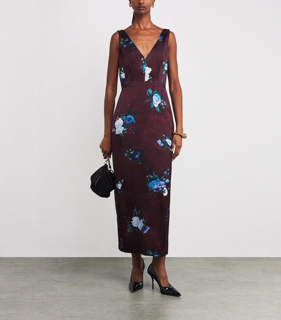 Satin Floral Cocktail Midi Dress