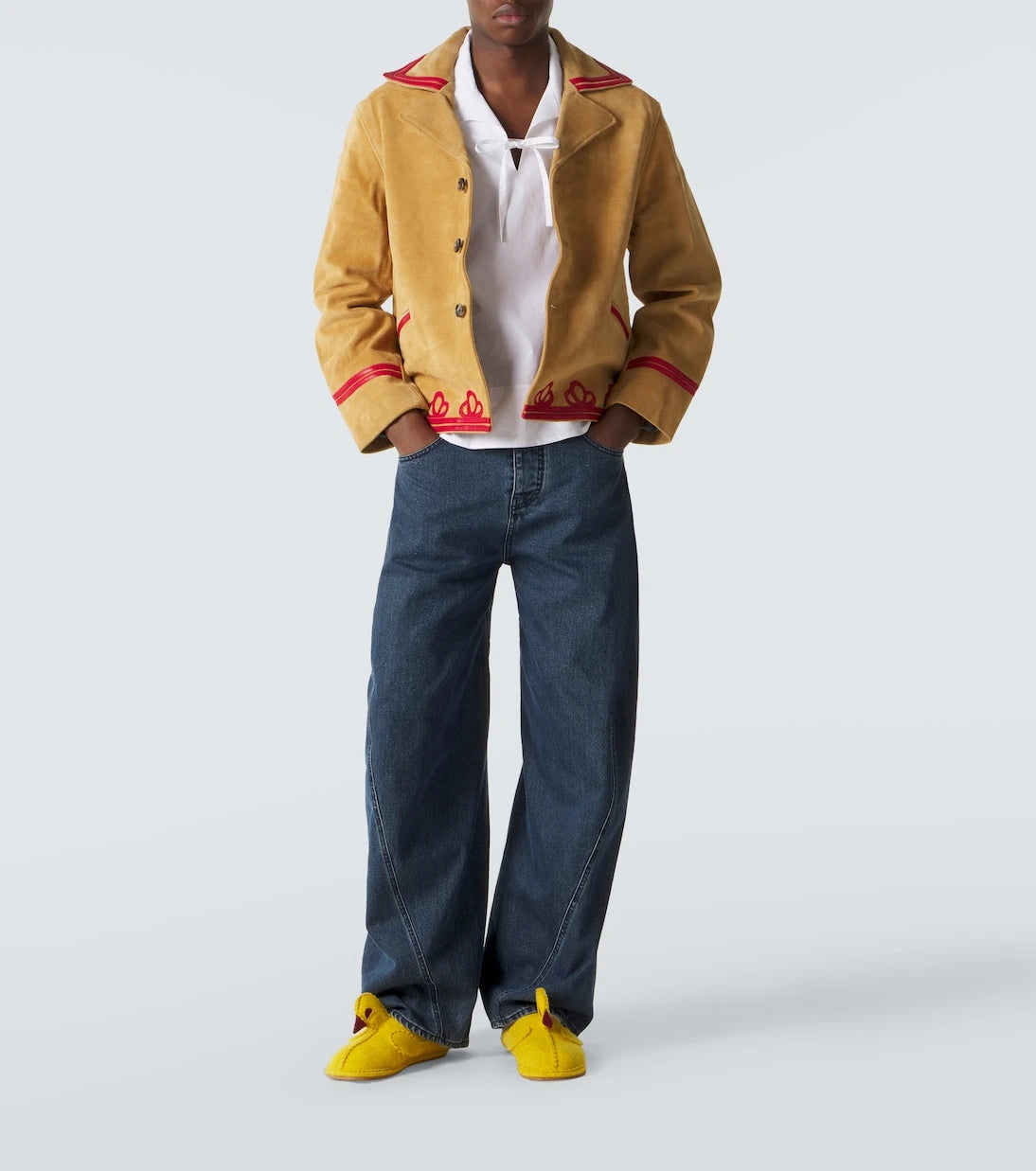 Bode - Trefoil leather-trimmed suede jacket