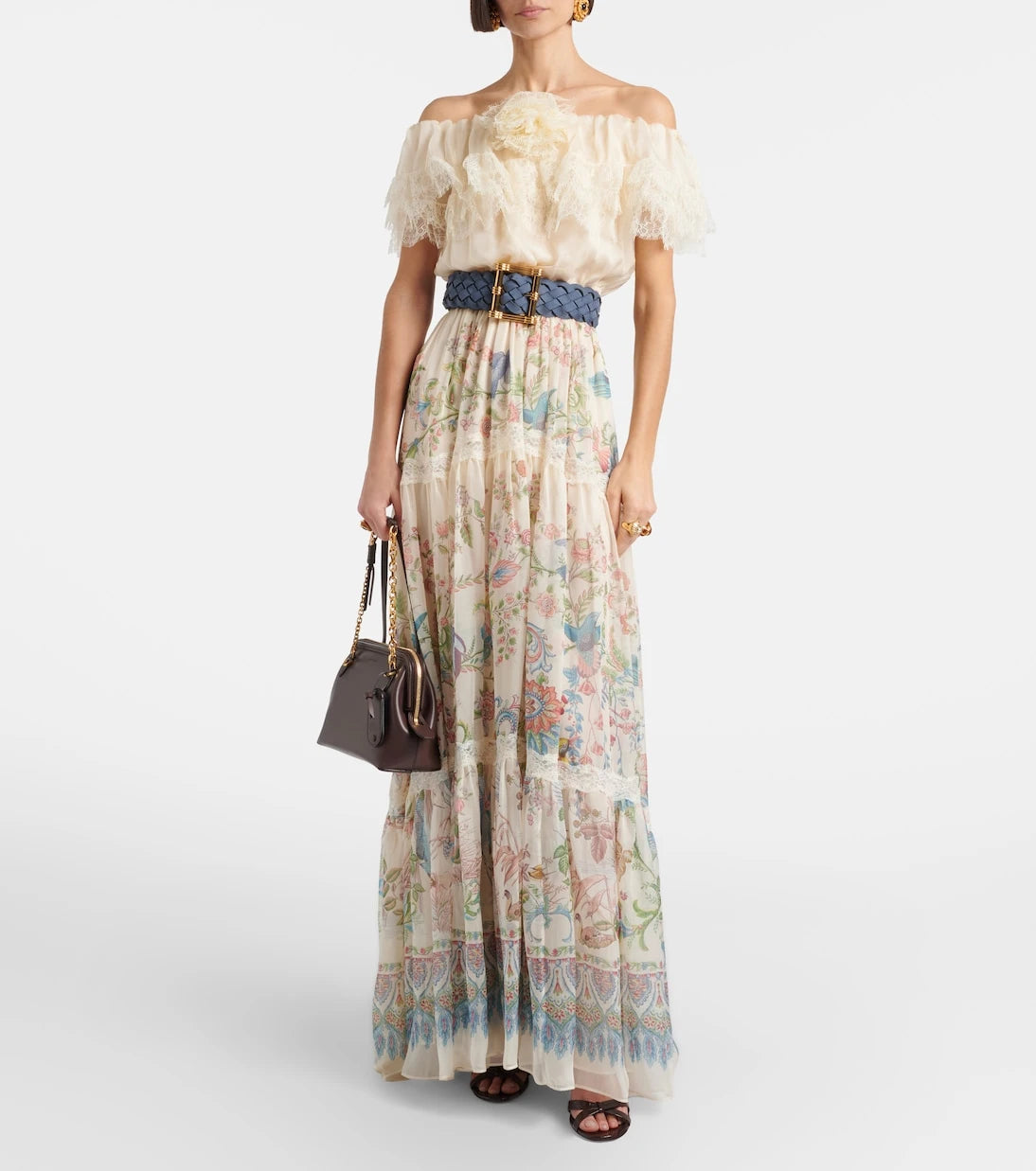 Etro - Lace-trimmed printed off-shoulder silk maxi dress