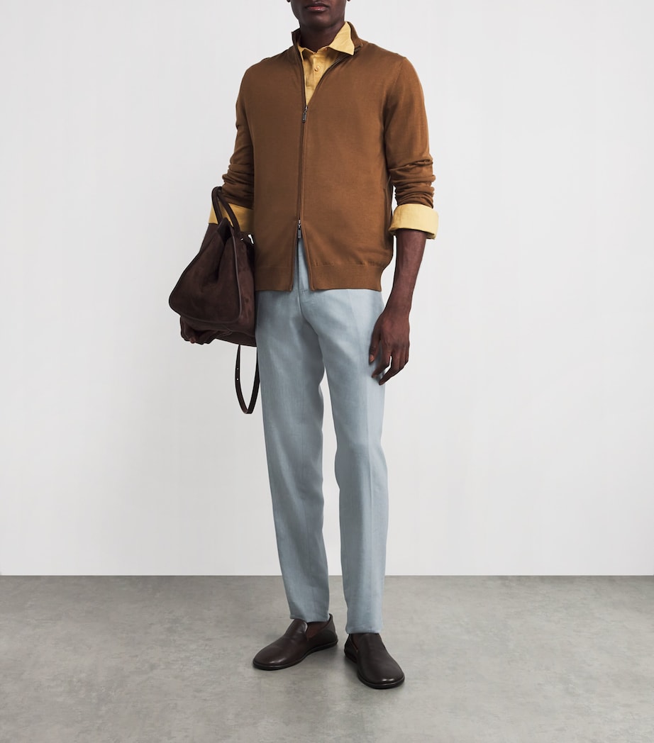 Pal Zileri Brown Wool Zip-Up Cardigan