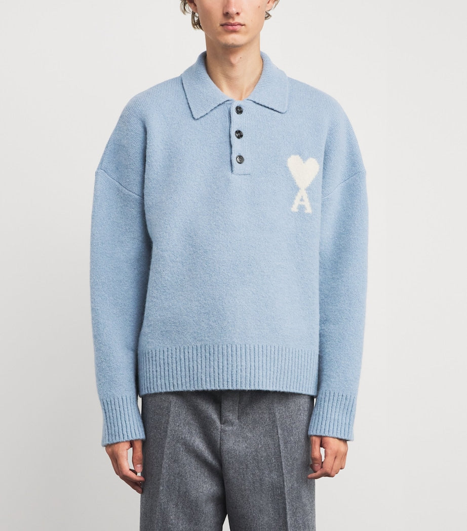 Blue Alpaca-Blend Polo Sweater