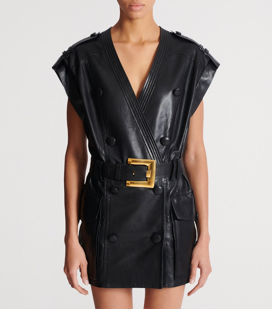 Balmain Black Leather Belted Mini Dress